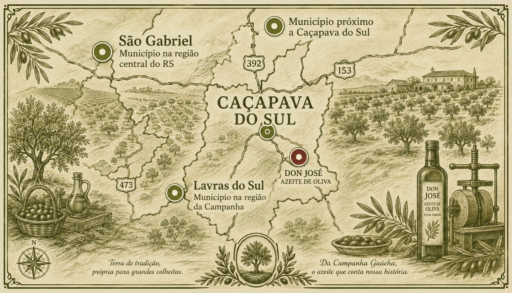 Mapa ilustrado da região de Caçapava do Sul e localização da Don José